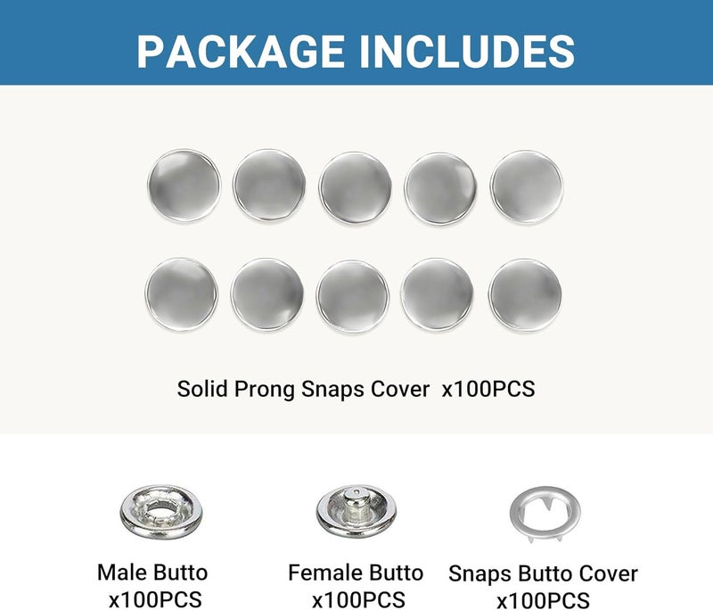 Forimaluence 100 Sets Metal Snap Buttons, Sterling Silver Solid Sewing Snaps for Fabric, Prong Snap Button Kits for DIY Crafting Clothing Sewing (9.5mm / 400 PCS) - Image 2